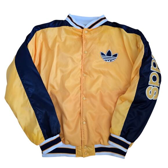 Rare Vintage 80s Adidas Satin Varsity Jacket Run DMC Size L Yellow Navy Street - Picture 1 of 9